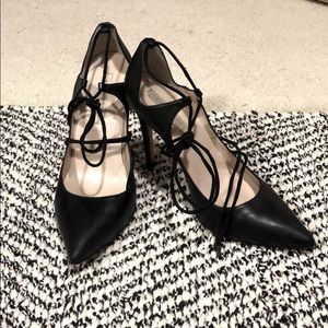 Pura López Black Leather Pointed Toe TieStrap Heel